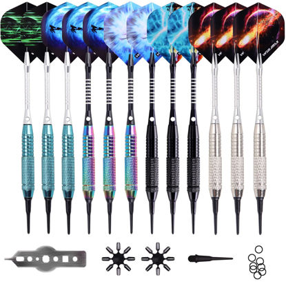 Picture of WIN.MAX Darts Plastic Tip - Soft Tip Darts Set - 12 Pcs 18 Gram with 100 Extra Dart Tips 12 Flights Flight Protectors and Wrench for Electronic Dart Board