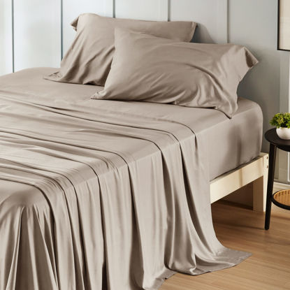 Picture of Bedsure California King Sheet Sets, Cooling Sheets, Rayon Derived from Bamboo, Deep Pocket Up to 16", Breathable & Soft Bed Sheets, Hotel Luxury Silky Bedding Sheets & Pillowcases, Simply Taupe