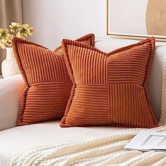 Picture of MIULEE Rust Pillow Covers 22x22 Inch with Splicing Set of 2 Super Soft Boho Striped Corduroy Pillow Covers Broadside Decorative Textured Throw Pillows for Fall Couch Cushion Livingroom