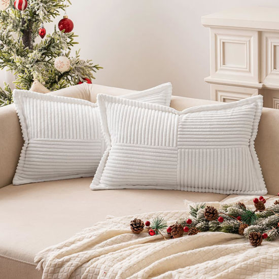 Picture of MIULEE Corduroy Pillow Covers with Splicing Set of 2 Super Soft Couch Christmas Pillow Covers Broadside Striped Decorative Textured Throw Pillows for Cushion Bed Livingroom 12x20 Inch White