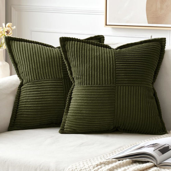 Picture of MIULEE Olive Green Corduroy Pillow Covers 24x24 inch with Splicing Set of 2 Super Soft Boho Striped Pillow Covers Broadside Decorative Textured Throw Pillows for Spring Couch Cushion Bed Livingroom