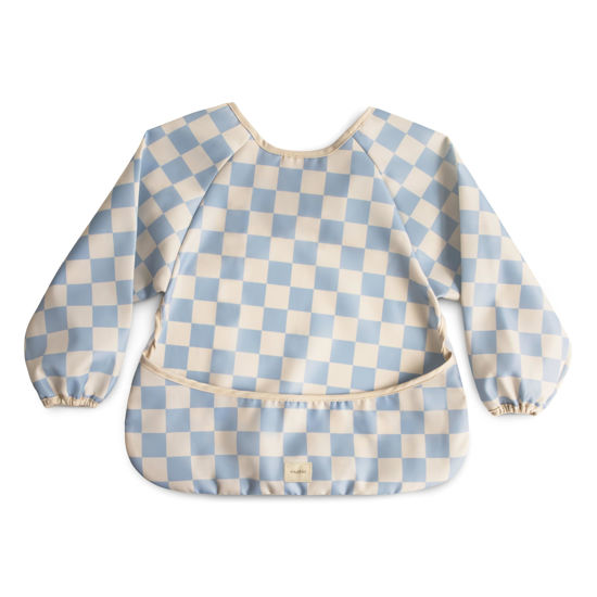 Picture of mushie Long Sleeve Baby Bib | Mess Free & Waterproof Fabric for Toddlers | Adjustable Fit for Ages 6-24 Months (Blue Check)