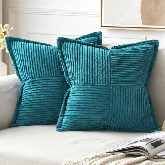 Picture of MIULEE Teal Blue Corduroy Pillow Covers 18x18 Inch with Splicing Set of 2 Super Soft Boho Striped Pillow Covers Broadside Decorative Spring Textured Throw Pillows for Couch Cushion Bed Livingroom