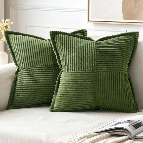 Picture of MIULEE Moss Green Corduroy Pillow Covers 16x16 Inch with Splicing Set of 2 Super Soft Boho Striped Pillow Covers Broadside Decorative Textured Throw Pillows for Spring Couch Cushion Bed Livingroom
