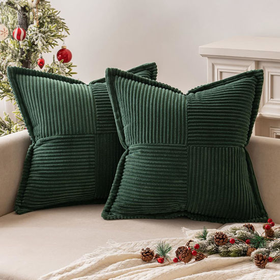 Picture of MIULEE Dark Green Corduroy Pillow Covers 12x12 inch with Splicing Set of 2 Super Soft Boho Striped Christmas Pillow Covers Broadside Decorative Textured Throw Pillows for Couch Cushion Livingroom