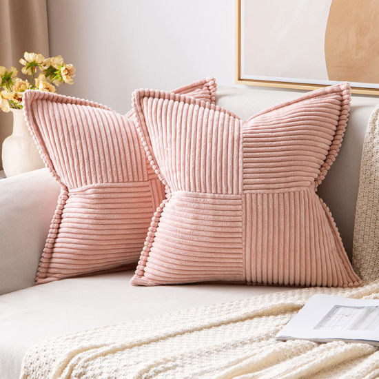 Picture of MIULEE Pink Corduroy Pillow Covers 24x24 inch with Splicing Set of 2 Super Soft Boho Striped Pillow Covers Broadside Decorative Textured Throw Pillows for Spring Couch Cushion Livingroom