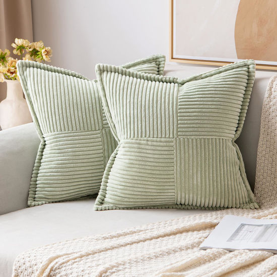 Picture of MIULEE Light Green Corduroy Pillow Covers 18x18 Inch with Splicing Set of 2 Super Soft Boho Striped Pillow Covers Broadside Decorative Textured Throw Pillows for Spring Couch Cushion Bed Livingroom