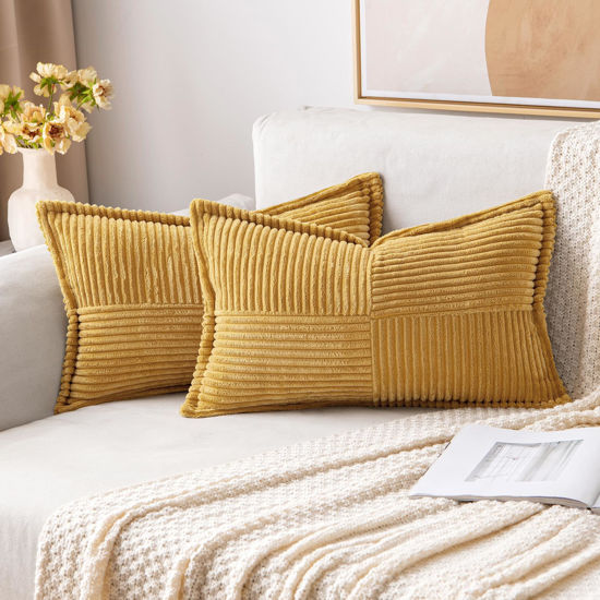 Picture of MIULEE Gold Pillow Covers 12x20 Inch with Splicing Set of 2 Super Soft Boho Striped Corduroy Pillow Covers Broadside Decorative Textured Throw Pillows for Fall Couch Cushion Livingroom