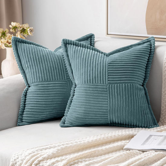 Picture of MIULEE Dusty Blue Pillow Covers 20x20 inch Set of 2 Super Soft Decorative Striped Corduroy Pillow Covers with Splicing Broadside Boho Couch Pillowcases for Sofa Cushion Livingroom Bedroom