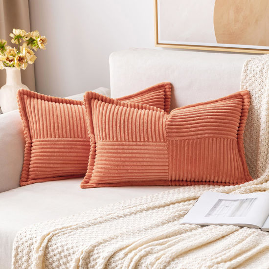 Picture of MIULEE Coral Red Corduroy Pillow Covers 12x20 Inch with Splicing Set of 2 Super Soft Boho Striped Pillow Covers Broadside Decorative Textured Throw Pillows for Spring Couch Cushion Bed Livingroom