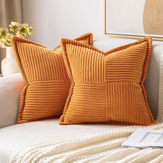 Picture of MIULEE Burnt Orange Pillow Covers 16x16 Inch with Splicing Set of 2 Super Soft Boho Striped Corduroy Pillow Covers Broadside Decorative Textured Throw Pillows for Fall Couch Cushion Livingroom