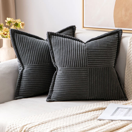 Picture of MIULEE Dark Grey Corduroy Pillow Covers 20 x 20 inch with Splicing Set of 2 Super Soft Boho Striped Pillow Covers Broadside Decorative Textured Throw Pillows for Couch Cushion Bed Livingroom