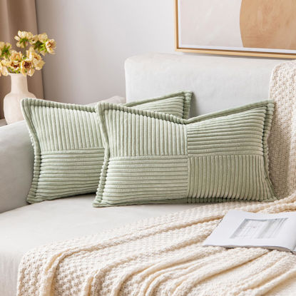 Picture of MIULEE Light Green Corduroy Pillow Covers 12x20 Inch with Splicing Set of 2 Super Soft Boho Striped Pillow Covers Broadside Decorative Textured Throw Pillows for Spring Couch Cushion Bed Livingroom