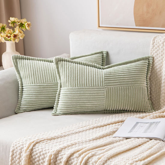 Picture of MIULEE Light Green Corduroy Pillow Covers 12x20 Inch with Splicing Set of 2 Super Soft Boho Striped Pillow Covers Broadside Decorative Textured Throw Pillows for Spring Couch Cushion Bed Livingroom