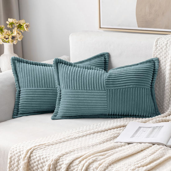 Picture of MIULEE Dusty Blue Pillow Covers 12x20 inch Set of 2 Super Soft Decorative Striped Corduroy Pillow Covers with Splicing Broadside Boho Couch Pillowcases for Sofa Cushion Livingroom Bedroom