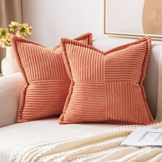 Picture of MIULEE Coral Red Corduroy Pillow Covers 16x16 Inch with Splicing Set of 2 Super Soft Boho Striped Pillow Covers Broadside Decorative Textured Throw Pillows for Spring Couch Cushion Bed Livingroom