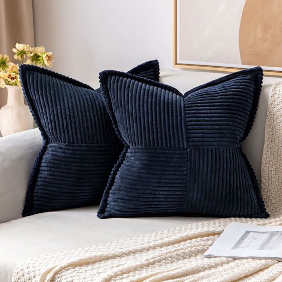 Picture of MIULEE Navy Blue Corduroy Pillow Covers 12 x 12 inch with Splicing Set of 2 Super Soft Boho Striped Pillow Covers Broadside Decorative Textured Throw Pillows for Couch Cushion Bed Livingroom