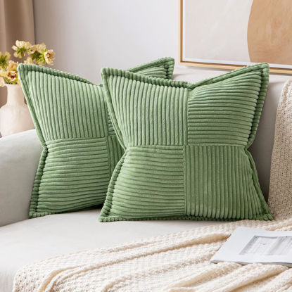 Picture of MIULEE Sage Green Corduroy Pillow Covers 24x24 inch with Splicing Set of 2 Super Soft Boho Striped Pillow Covers Broadside Decorative Textured Throw Pillows for Spring Couch Cushion Livingroom