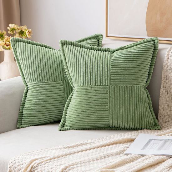 Picture of MIULEE Sage Green Corduroy Pillow Covers 24x24 inch with Splicing Set of 2 Super Soft Boho Striped Pillow Covers Broadside Decorative Textured Throw Pillows for Spring Couch Cushion Livingroom