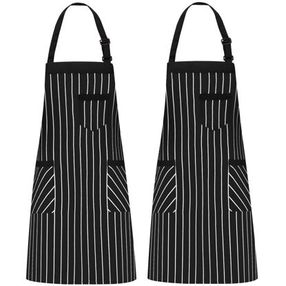 Picture of NLUS 2 Pack Cooking Aprons for Women with Pockets Adjustable Kitchen Bib Aprons for Women Men Chef, Black/White Stripe (Black/White Stripes)