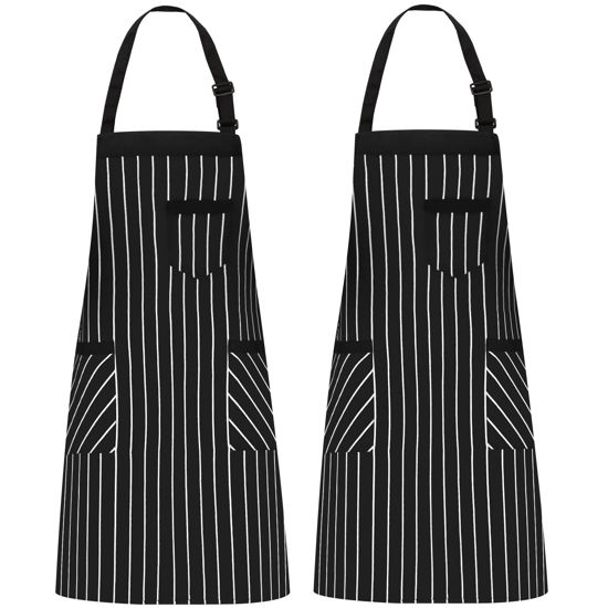 Picture of NLUS 2 Pack Cooking Aprons for Women with Pockets Adjustable Kitchen Bib Aprons for Women Men Chef, Black/White Stripe (Black/White Stripes)