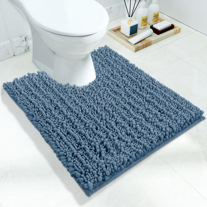 Picture of Yimobra Toilet Rugs U Shaped 24x20, Soft Comfortable Absorbent Chenille Toilet Mat for Bathroom Floor, Non-Slip Contour Bathroom Rugs for Toilet, Dry Quickly Machine Washable, Denim Blue
