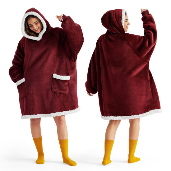Picture of Bedsure Blanket Hoodie, Wearable Blanket for Adult & Kids as Gifts for Women Men, Birthday Gifts for Women Mom Sherpa Hoodie, Burgundy, Small