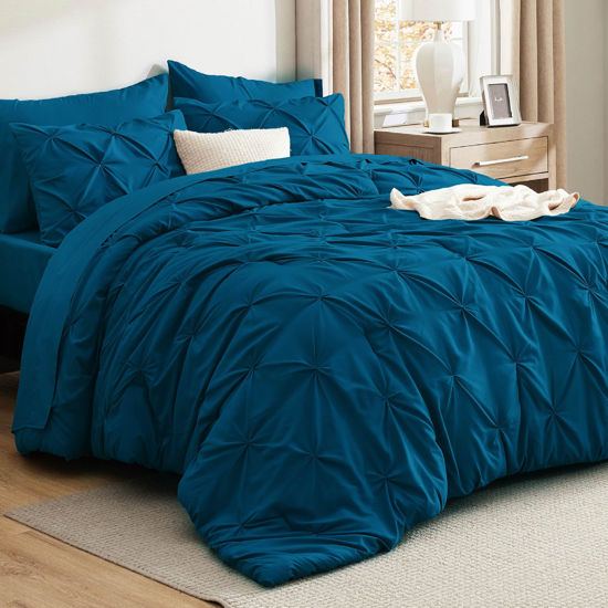 Picture of Bedsure California King Comforter Set - Cal King Bed Set 7 Pieces, Pinch Pleat Teal Blue Cali King Bedding Set with Pintuck Comforter, Sheets, Pillowcases & Shams