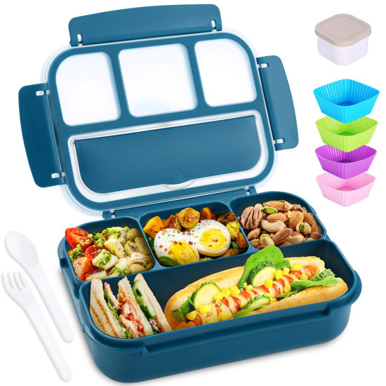 Picture of Bento Box Adult Lunch Box, Lunch Containers for Kids Girls Boys with 4 Compartments, Lunchable Food Container with Utensils, Sauce Jar, Muffin Liners, 40 Oz/5 Cup, Microwave & Dishwasher Safe, Navy