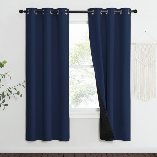 Picture of NICETOWN 100% Blackout Curtain Set, Thermal Insulated & Energy Efficiency Window Draperies for Guest Room, Full Shading Panels for Shift Worker and Light Sleepers, Navy Blue, 37W x 70L, 2 PCs