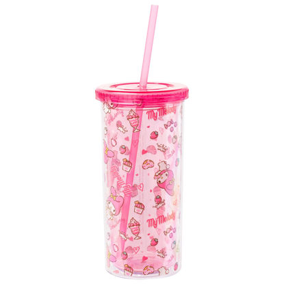 Picture of Silver Buffalo Sanrio Hello Kitty and Friends My Melody Strawberry Donut and Milkshake Pattern Plastic Cold Cup with Lid and Straw, 20 Ounces