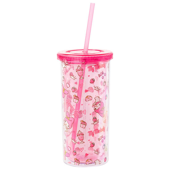 Picture of Silver Buffalo Sanrio Hello Kitty and Friends My Melody Strawberry Donut and Milkshake Pattern Plastic Cold Cup with Lid and Straw, 20 Ounces