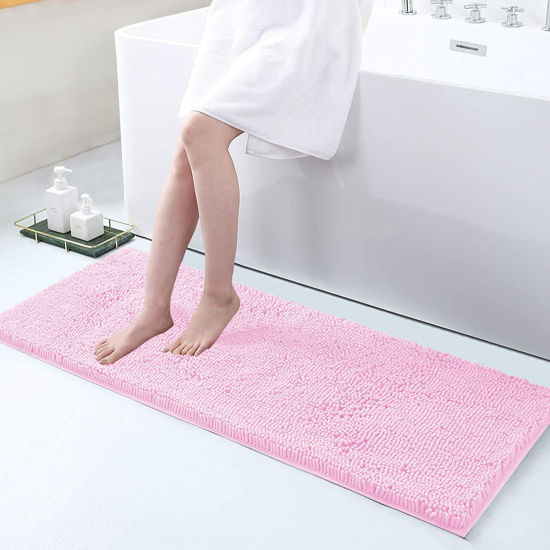 Picture of Smiry Luxury Chenille Bath Rug 47''x17'', Extra Soft and Absorbent Shaggy Bathroom Mat Rugs, Machine Washable, Non-Slip Plush Carpet Runner for Tub, Shower, and Bath Room, Pink