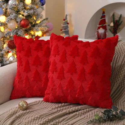 Picture of DFXSZ Christmas Tree Pillow Covers 16x16 inch Set of 2 Christmas Decoration Red Soft Plush Faux Fur Jacquard Throw Pillows for Bedroom Sofa Holiday Festivals Winter Home Decor PTK006B16