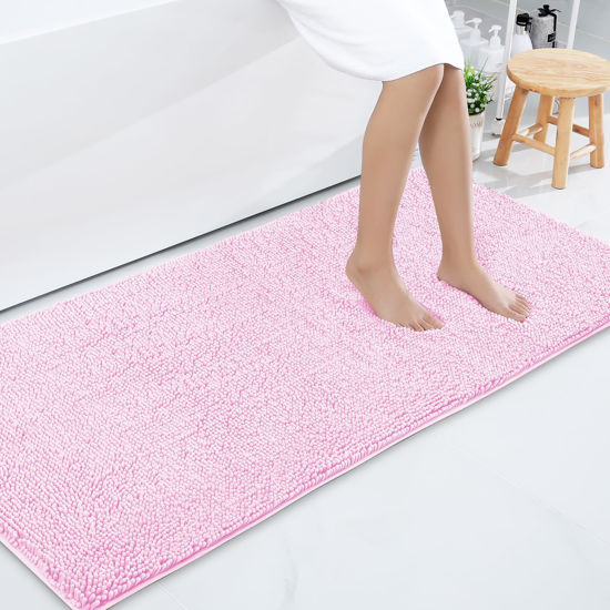Picture of Smiry Luxury Chenille Bath Rug 59''x24'', Extra Soft and Absorbent Shaggy Bathroom Mat Rugs, Machine Washable, Non-Slip Plush Carpet Runner for Tub, Shower, and Bath Room, Pink