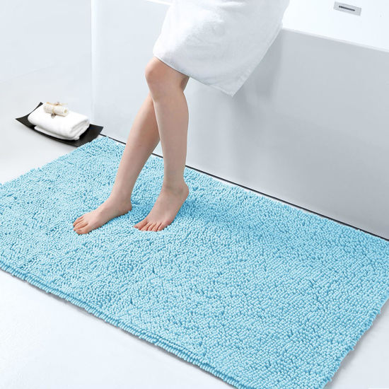 Picture of Smiry Luxury Chenille Bath Rug 47''x24'', Extra Soft and Absorbent Shaggy Bathroom Mat Rugs, Machine Washable, Non-Slip Plush Carpet Runner for Tub, Shower, and Bath Room, Sky Blue