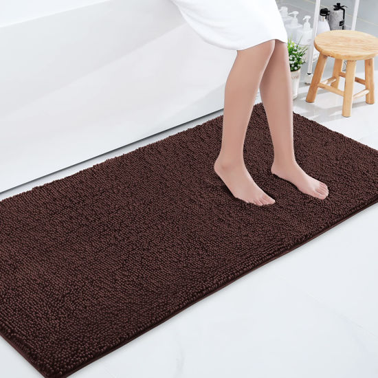 Picture of Smiry Luxury Chenille Bath Rug 59''x24'', Extra Soft and Absorbent Shaggy Bathroom Mat Rugs, Machine Washable, Non-Slip Plush Carpet Runner for Tub, Shower, and Bath Room, Brown