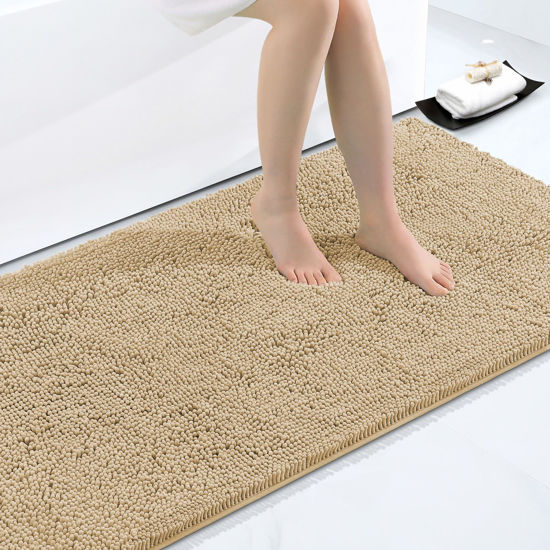 Picture of Smiry Luxury Chenille Bath Rug 48''x32'', Extra Soft and Absorbent Shaggy Bathroom Mat Rugs, Machine Washable, Non-Slip Plush Carpet Runner for Tub, Shower, and Bath Room, Beige