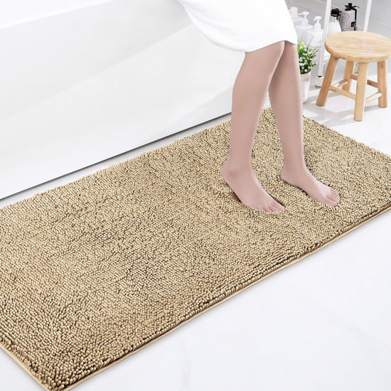 Picture of Smiry Luxury Chenille Bath Rug 59''x24'', Extra Soft and Absorbent Shaggy Bathroom Mat Rugs, Machine Washable, Non-Slip Plush Carpet Runner for Tub, Shower, and Bath Room, Beige