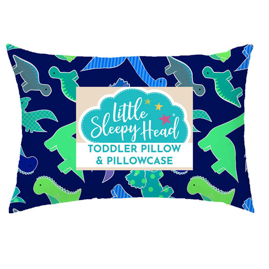 Picture of Little Sleepy Head Toddler Pillow with Pillowcase 13x18 - Kids Pillow for Sleeping - Better Neck Support Ergonomic Pillow and Toddler Pillowcase - Best Pillows for Kids (Dinosaurs Blue)