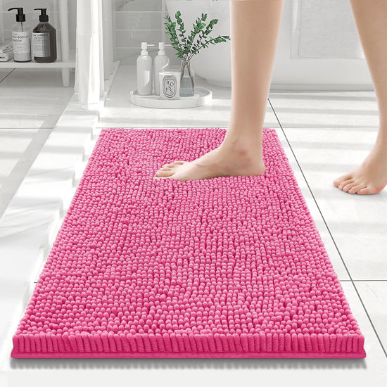 Picture of Smiry Luxury Chenille Bath Rug 24''x16'', Extra Soft and Absorbent Shaggy Bathroom Mat Rugs, Machine Washable, Non-Slip Plush Carpet Runner for Tub, Shower, and Bath Room, Hot Pink