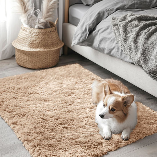 Picture of OLANLY 2x3 Machine Washable Small Bedside Rug, Soft Fluffy Shaggy Entryway Throw Rugs for Bedroom, Living Room, Indoor Floor Carpet for Kids Girls and Boys, Nursery Rooms, Home Decor Aesthetic, Beige