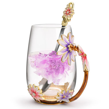 Picture of OEAGO Purple Gifts for Women Mom Mothers Day Glass Coffee Enamels Mug Best Birthday Flower Gifts for Her from Daughter Son Lead-Free Christmas Tea Cup with Spoon Set