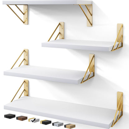 Picture of BAYKA Wall Shelves for Bedroom Decor, Floating Wall Shelves for Living Room Kitchen Storage, Wall Mounted Rustic Wood Shelves for Kids Books, Small Shelf for Bathroom(White and Gold，Set of 4)