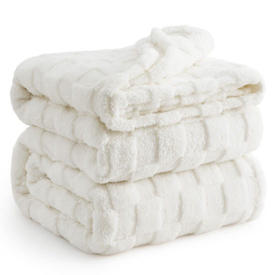 Picture of Bedsure White Fleece Blanket for Couch - Super Soft Cozy Queen Blankets for Women, Cute Small Throws for Girls, 90x90 Inches