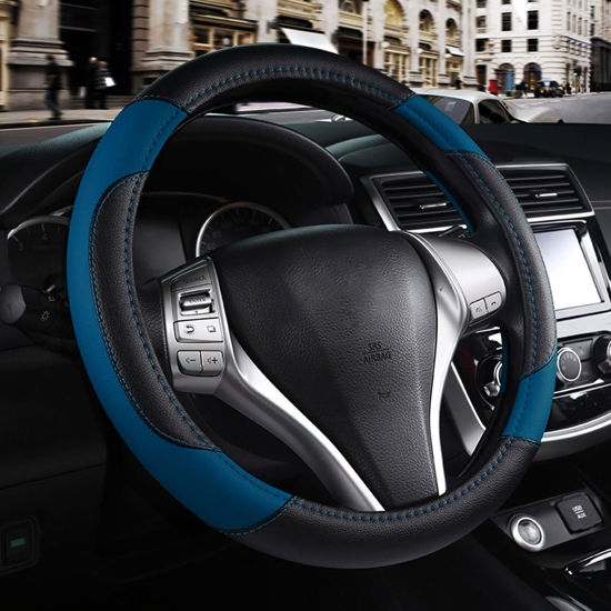 Picture of Leather Car Steering Wheel Cover, Non-Slip Car Wheel Cover Protector Breathable Microfiber Leather Universal Fit for Most Cars (Blue-2)