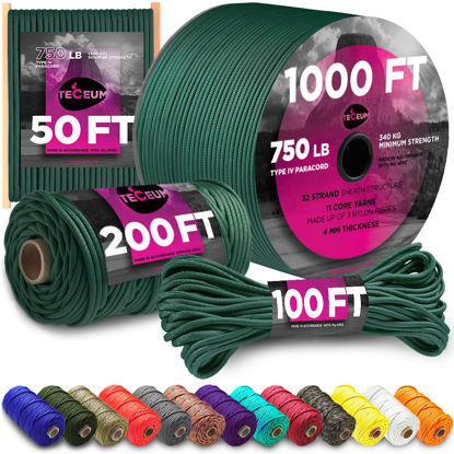 Picture of TECEUM Paracord 550 (750) Dark Emerald Green - 200 ft - 100% Nylon Strong Tactical MIL-SPEC Parachute Cord - Survival Rope Emergency para Cord 11 Strands Core EDC Camping Hiking Military Gear 022а