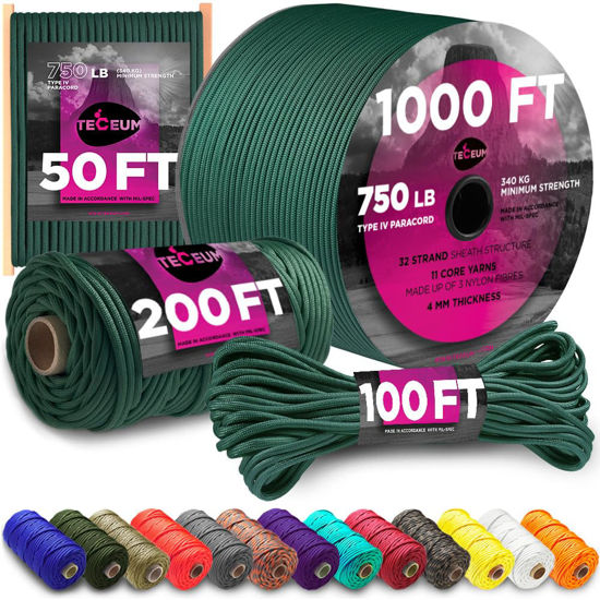 Picture of TECEUM Paracord 550 (750) Dark Emerald Green - 200 ft - 100% Nylon Strong Tactical MIL-SPEC Parachute Cord - Survival Rope Emergency para Cord 11 Strands Core EDC Camping Hiking Military Gear 022а