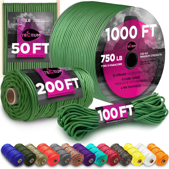 Picture of TECEUM Paracord 550 (750) Moss - 200 ft - 4mm - 100% Nylon Strong Tactical MIL-SPEC Parachute Cord - Survival Rope Emergency para Cord 11 Strands Core EDC Camping Hiking Military Gear 331a