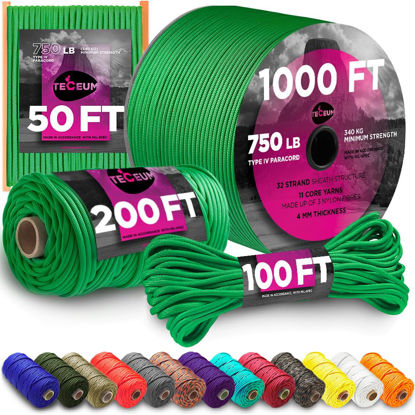 Picture of TECEUM Paracord 550 (750) Green - 100 ft - 4mm - 100% Nylon Strong Tactical MIL-SPEC Parachute Cord - Survival Rope Emergency para Cord 11 Strands Core EDC Camping Hiking Military Gear 025a